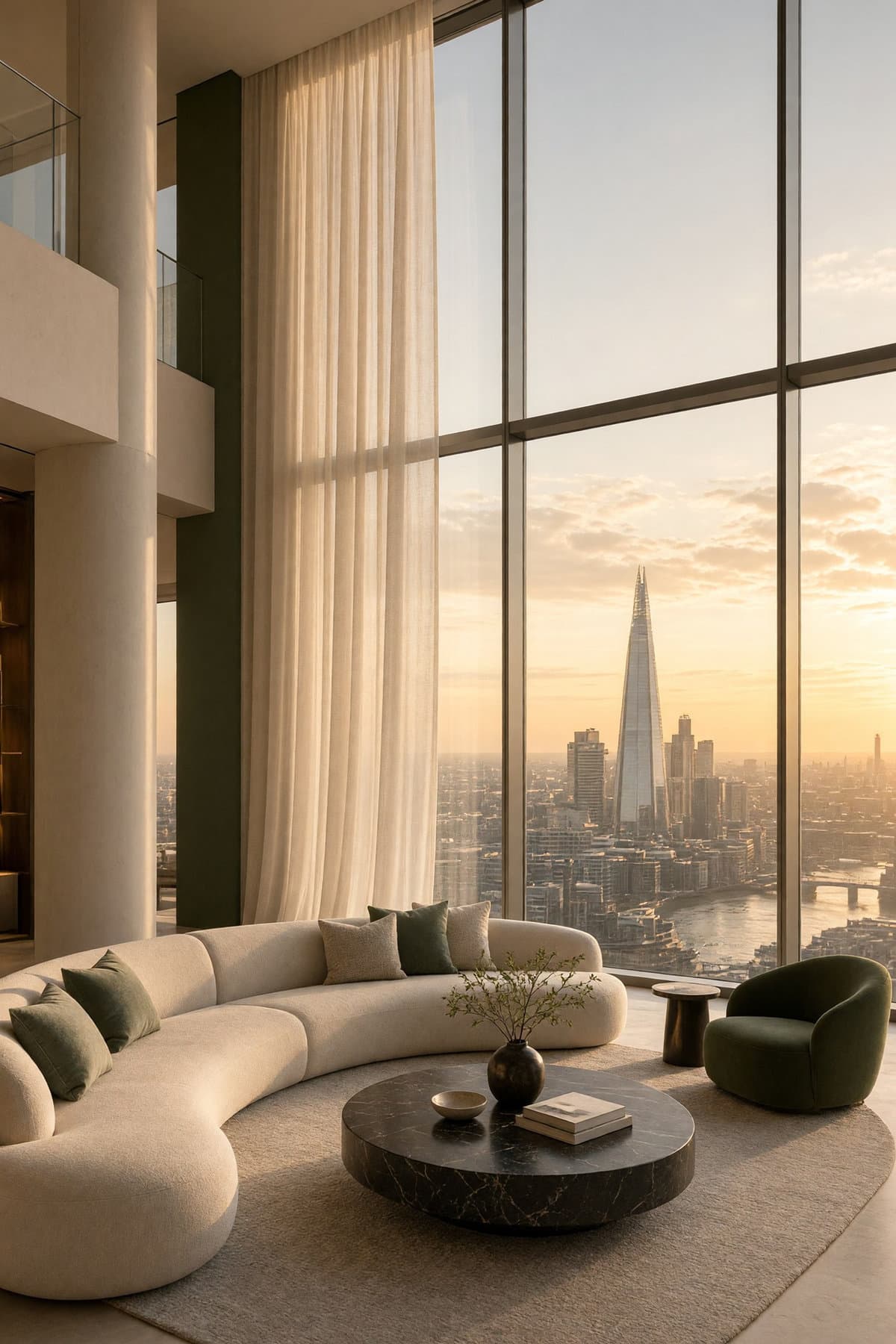 A living room above London with The Shard at sunset
